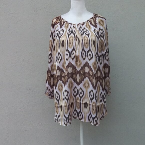 Unbranded Blouse Women's Med Brown Beige White Print Elastic Neckline Preppy - Picture 1 of 6
